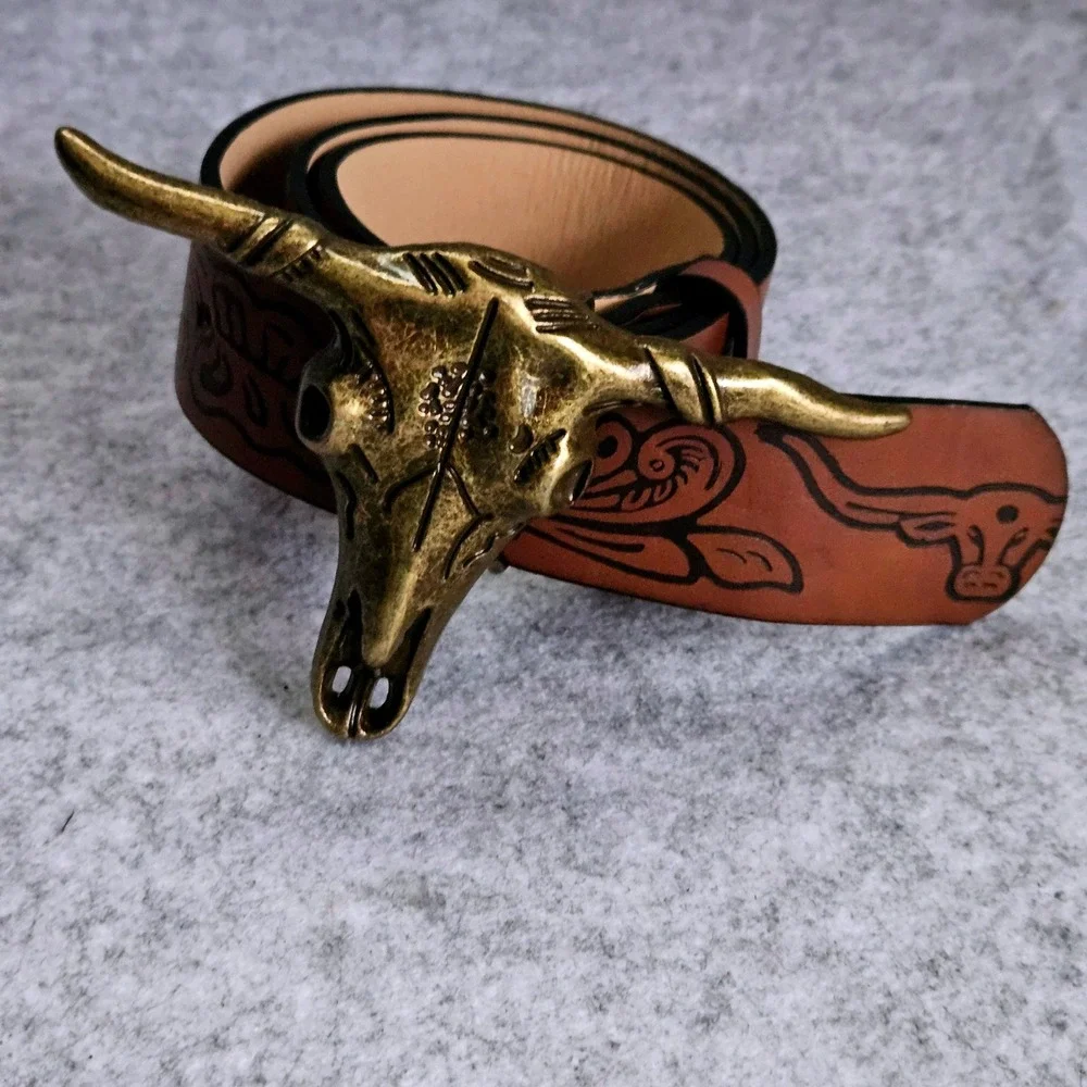 Western Brown Tooled Leather Belt Brass Longhorn Bull Skull Buckle 40 Inch
